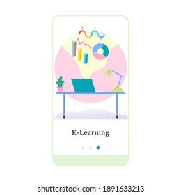 Online Education, E-learning, Online School mobile app onboarding screen. Menu vector banner template for interface UX, UI GUI screen mobile development. Website design 3D isometric flat illustration.