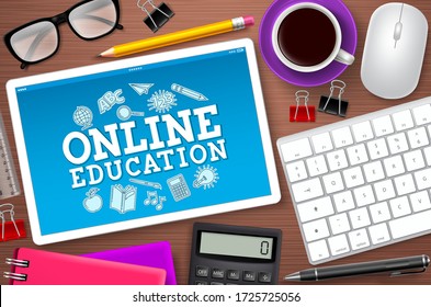 Online education e-learning school vector design. Online education text in tablet's computer screen with school elements and internet tools for digital school learning. Vector illustration.
