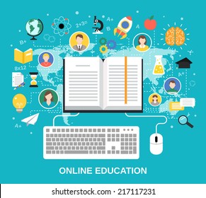 Online education e-learning science concept with book computer and studying icons vector illustration