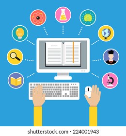 Online education e-learning science concept with human hand and computer book vector illustration