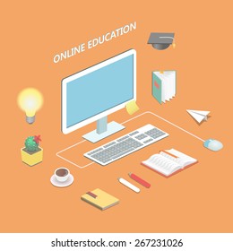 Online education e-learning science Isometric concept with book and computer  vector illustration