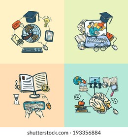 Online education e-learning science sketch icons set isolated vector illustration