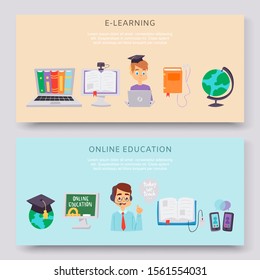 Online education, e-learning science vector illustration horizontal banners. Online computer and studying icons. Globe, cartoon character teacher and student, smartphones and e-learning library set.