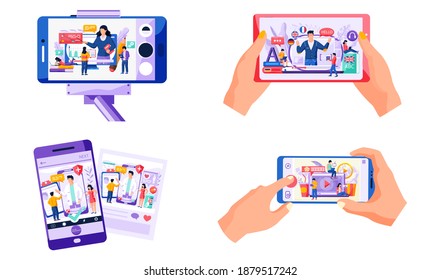 Online education e-learning with smartphone, scenes set with students which study remotely. Different people men and women watching video tutorials on laptops or phones, modern knowledge technologies