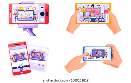 Online education e-learning with smartphone, set of four scenes with people which study remotely. Different persons watching video tutorials on laptops or phones, culinary blog, sports channel