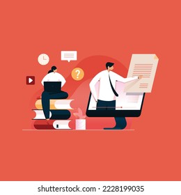Online Education and e-learning, student watching virtual class on computer with books, webinar illustration