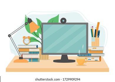 Online education, e-learning, stydy from home concept stock vector illustration. Desk with monitor, books, alarm, pen, web camera, table lamp, plant, cup. Online lessons.