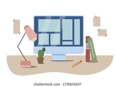 Online education, e-learning, stydy from home concept stock vector illustration. Desk with monitor, books, pen, table lamp, plant, cup. Online lessons. Freelance, work at home, stay at home. COVID-19