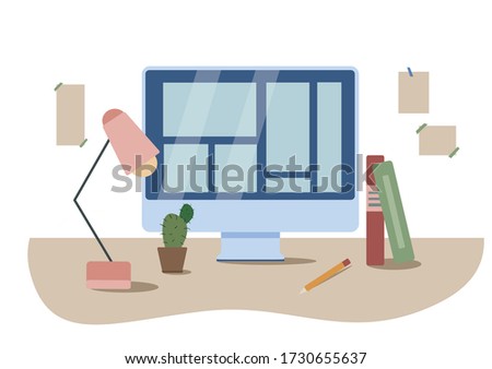 Online education, e-learning, stydy from home concept stock vector illustration. Desk with monitor, books, pen, table lamp, plant, cup. Online lessons. Freelance, work at home, stay at home. COVID-19