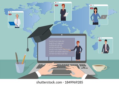 Online education, e-learning.The teacher conducts the lesson on the laptop screen in online mode.Home schooling, distance learning, and passing exams.Online courses and advanced training.