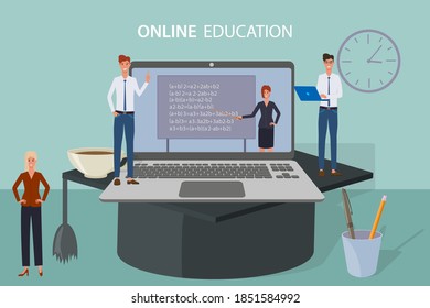 Online education, e-learning.The teacher conducts the lesson on a laptop screen on an academic cap.Home schooling, distance learning, and passing exams.Online courses and advanced training.