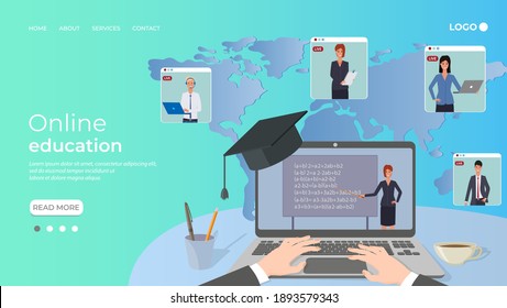 Online education, e-learning.The teacher conducts the lesson on the laptop screen in online mode.Home schooling, distance learning, and passing exams.Online courses and advanced training.