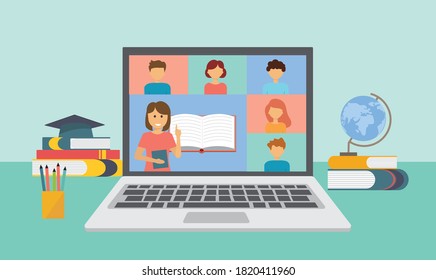 online education or e-learning, teacher teaching students on computer laptop screen, distance learning, online course concept, new normal
