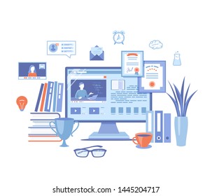 Online Education E-learning Online training, courses, exams, testing. Monitor screen with video tutorials, electronic books. Video chat, tasks, diploma. Vector illustration on white background. 