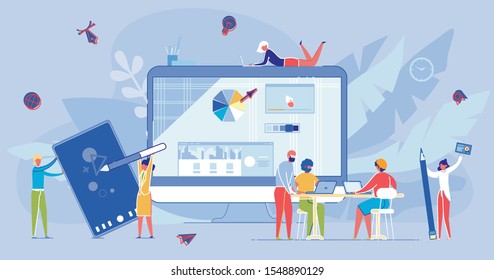 Online Education and E-learning. Users, People Cartoon Characters Pass Online Test and Gain Knowledge by Computer Training. Distance Internet Course Technology Proposes. Flat Vector Illustration.