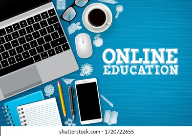 Online education e-learning vector banner. E-learning online education text with school and digital devices like laptop and mobile phone in blue background. Vector illustration.
