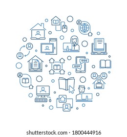 Online Education or E-learning vector concept round illustration in outline style