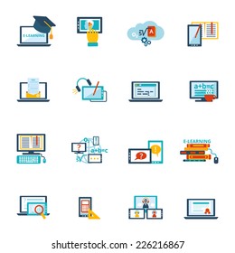 Online education e-learning video tutorial training flat icons set vector illustration