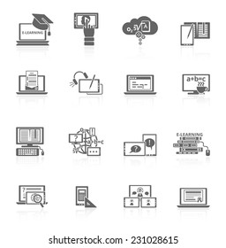 Online education e-learning video tutorial training black icons set vector illustration