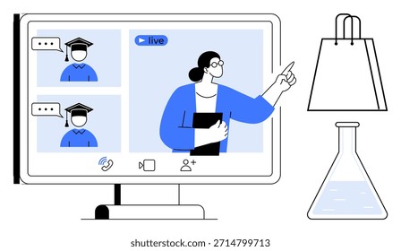 Online education, e-learning, virtual meeting, distance learning, science experimentation, e-commerce. A teacher interacting on a video call with icons shopping and science. Online education