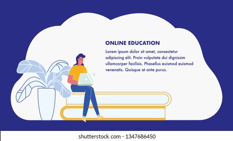 Online Education, E-Learning Web Banner Layout. Internet Courses. Distance Learning, University Vector Poster. Female Character Using Laptop. Woman Studying at Home. Student Sitting on Books Pile