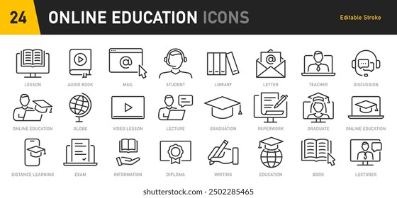 Online Education and E-learning web icon set in line style. E-book, video tutorial, mentor, distance learning, video and audio courses, collection. Vector illustration.	