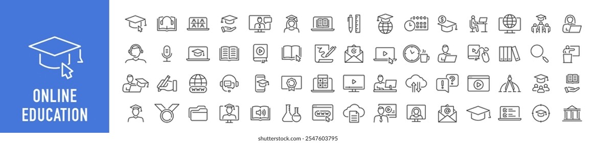 Conjunto de iconos de Web de Educación en línea y aprendizaje electrónico en estilo de línea. Video Video E-book, tutorial, mentor, aprendizaje a distancia, cursos de audio, colección. Ilustración vectorial.