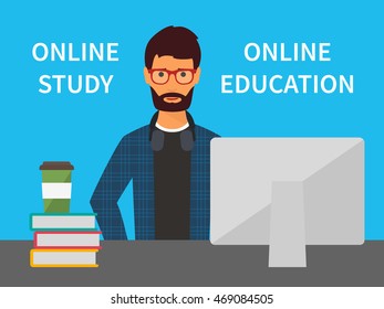 Online education. E-learning and webinars. Vector illustration
