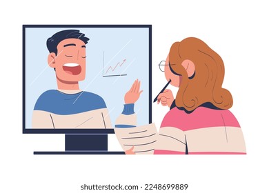 Online Education and E-learning with Woman Watching Professor on Computer Screen Giving Lesson on Web Platform Vector Illustration