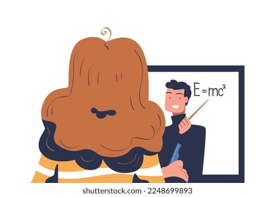 Online Education and E-learning with Woman Watching Professor on Computer Screen Giving Lesson on Web Platform Vector Illustration