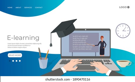 Online education, E-learning.Teacher leading the lesson on the laptop screen.Home education, distance learning, and passing exams.Online courses and advanced training.Flat vector illustration.
