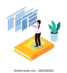 Online education electronic books isometric icon with human character and screens 3d vector illustration