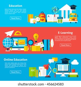 Online Education and Electronic Learning Horizontal Banners. Vector Illustration for Website Header. Web Tutorial and School Items Flat Design.