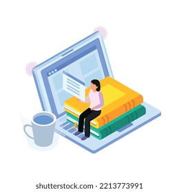 Concepto de biblioteca electrónica de educación en línea con portátil y pila de libros Ilustración vectorial isométrica 3d