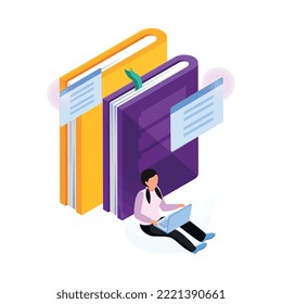 Concepto de biblioteca electrónica de educación en línea con mujer y libros Ilustración vectorial isométrica 3d