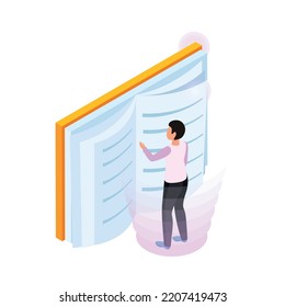 Online education electronic library isometric concept icon with book and human character 3d vector illustration