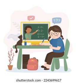 Online education, elementary school student watching math webinar and calculating numbers. Technology of internet learning. Teacher on display. Schoolgirl sitting at workplace. vector illustration