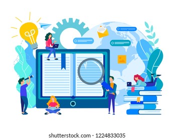 Online education, e-library, communication and study of students with the help of modern media technologies, the concept of obtaining knowledge from anywhere in the world. Vector illustration.