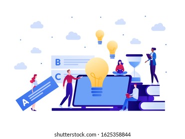 Online education exam concept. Vector flat person illustration. Different ethnic people around laptop computer with light bulb idea sign. Design element for banner, poster, infographic, background