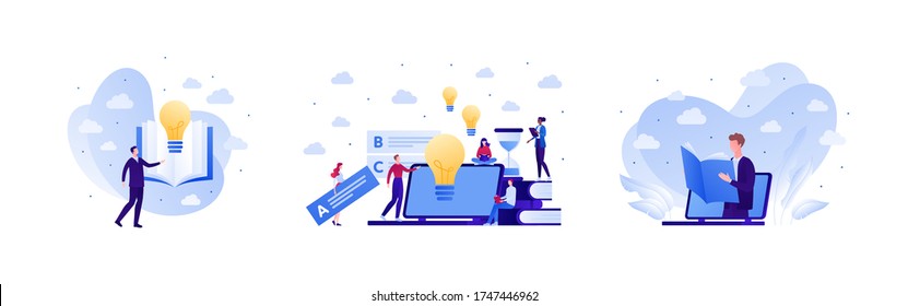 Online education and exam test concept. Vector flat people illustration set. Collection human character with laptop computer, lightbulb, book element. Design for college, school, academy course banner