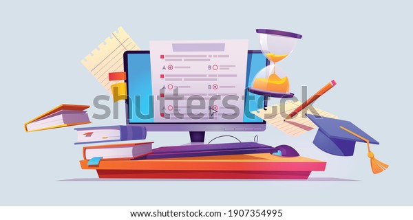 Online education and online\
exams vector illustrator poster design. E-Learnning, Degree,\
Graduate, online exam paper, Books, Computer, Device, Pencil and\
Papers