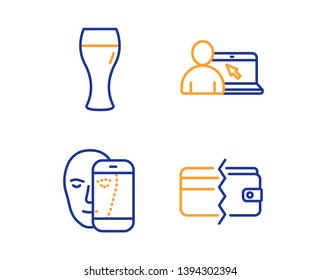 Online education, Face biometrics and Beer glass icons simple set. Payment methods sign. Internet lectures, Facial recognition, Brewery beverage. Wallet cash. Business set. Vector