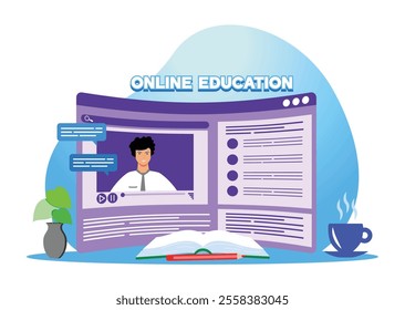 Online education featuring an interactive digital platform, study materials, and an engaging virtual learning environment. Flat vector modern illustration 