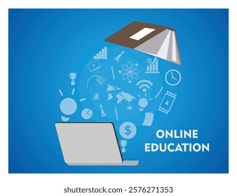 Online education featuring a laptop with scattered educational symbolizing e-learning opportunities. A compelling representation of modern learning and knowledge sharing. 