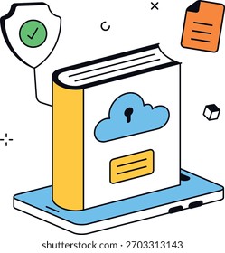 Educação on-line com dados seguros na nuvem com livros e documentos. Para plataformas de e-learning, bibliotecas digitais e conceitos de proteção de dados. ilustração vetorial plana isométrica.