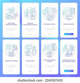 Campos de educación en línea degradado azul incorporado pantalla de aplicación móvil. Recorrido 4 pasos instrucciones gráficas con conceptos lineales. UI, UX, plantilla GUI. Multitud de tipos de letra Pro-Bold, con uso regular
