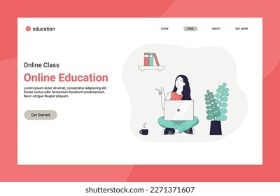 Online education. First page of the site. Girl with laptop. Online business network technology. Digital technology concept. Vector illustration. Vector illustration