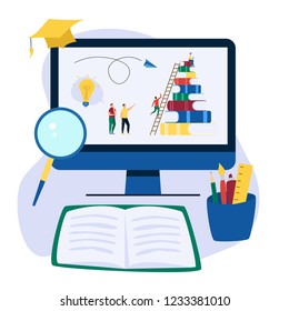 Online education flat background with big books and people. People read book and discuss knowledge. Vector illustration.