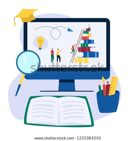 Online education flat background with big books and people. People read book and discuss knowledge. Vector illustration.