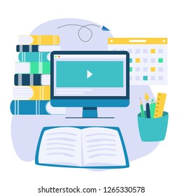 Online education flat background with book, laptop, and calendar. Vector illustration